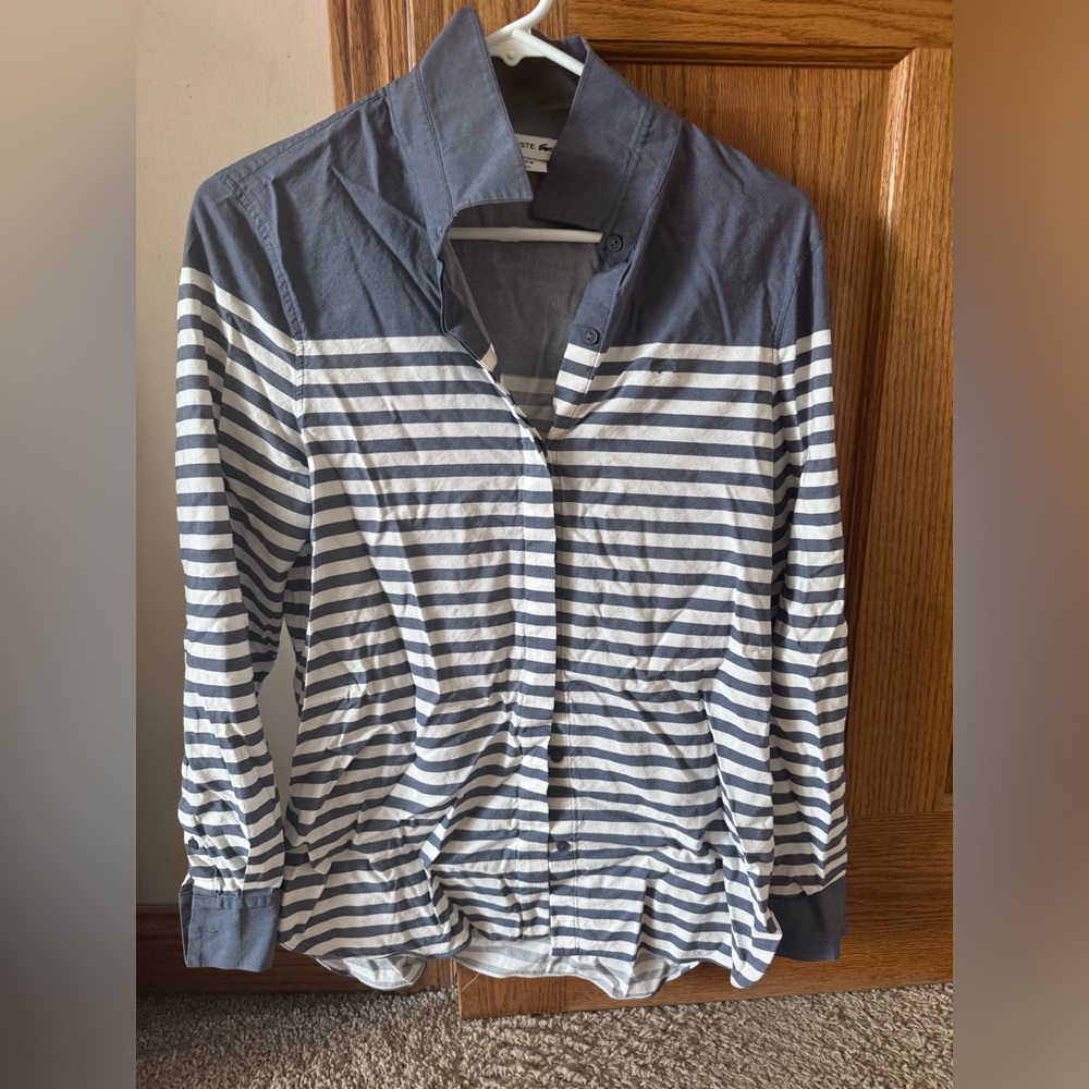 Lacoste button up, size 42/L, EUC, blue and white stripe